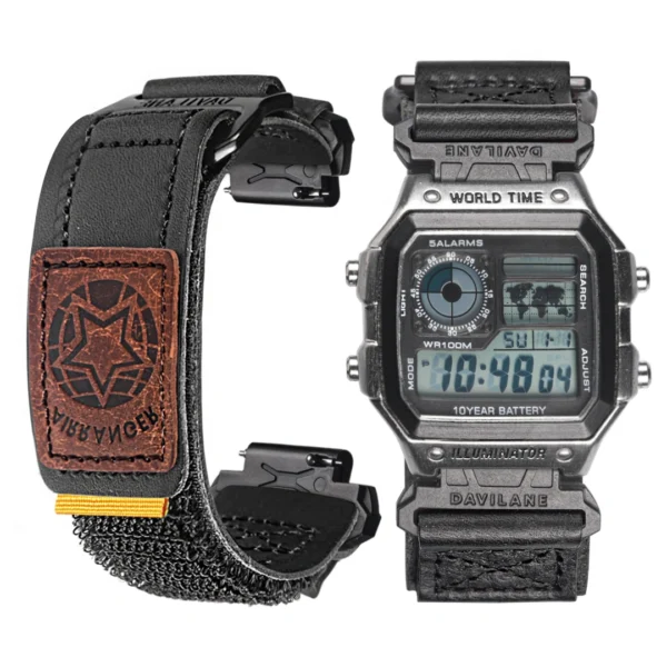 Black Leather Hook-and-Loop Watch Band for Casio AE-1200 / AE-1300