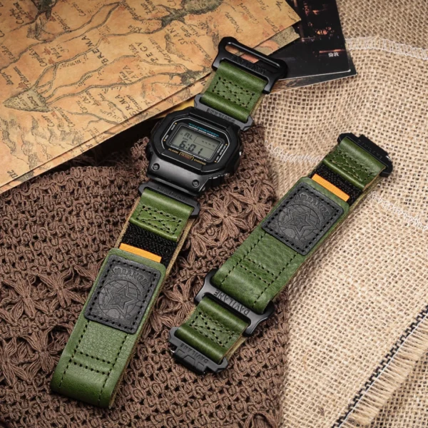 Green Air Ranger Leather Apple Bands for G-shock DW56001 Green Leather Hook-and-Loop Watch Band for G-Shock DW-5600 / GW-M5610