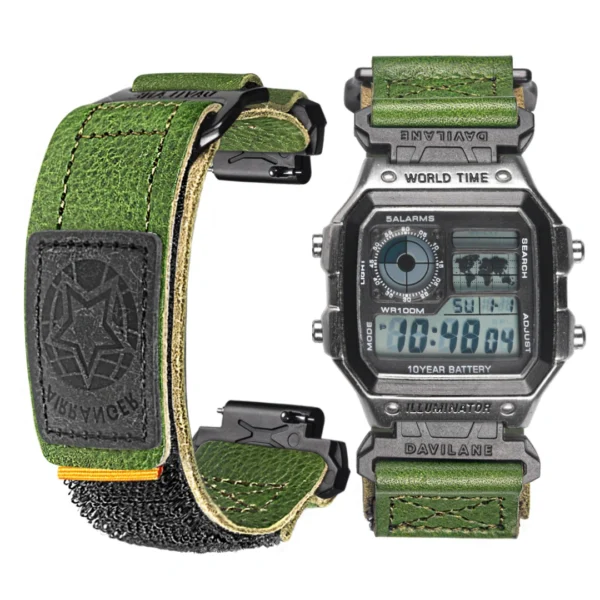 Green Leather Hook-and-Loop Watch Band for Casio AE-1200 / AE-1300