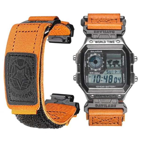 Orange Leather Hook-and-Loop Watch Band for Casio AE-1200 / AE-1300