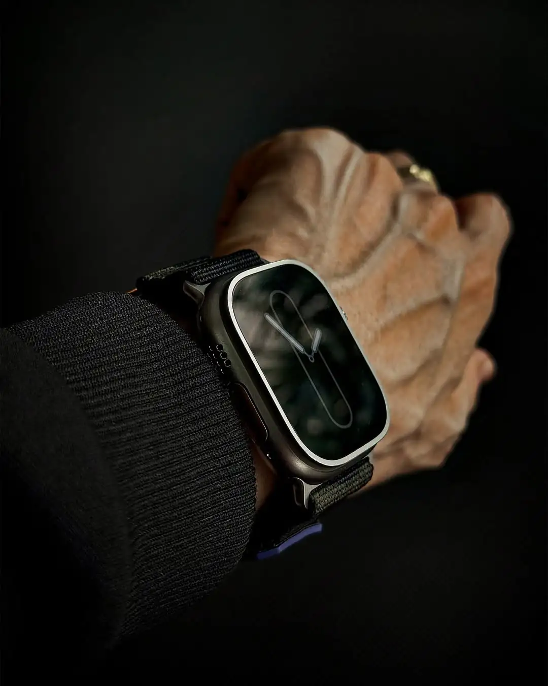 Apple Watch Ultra with DV01 MOLLE Nylon strap worn on wrist