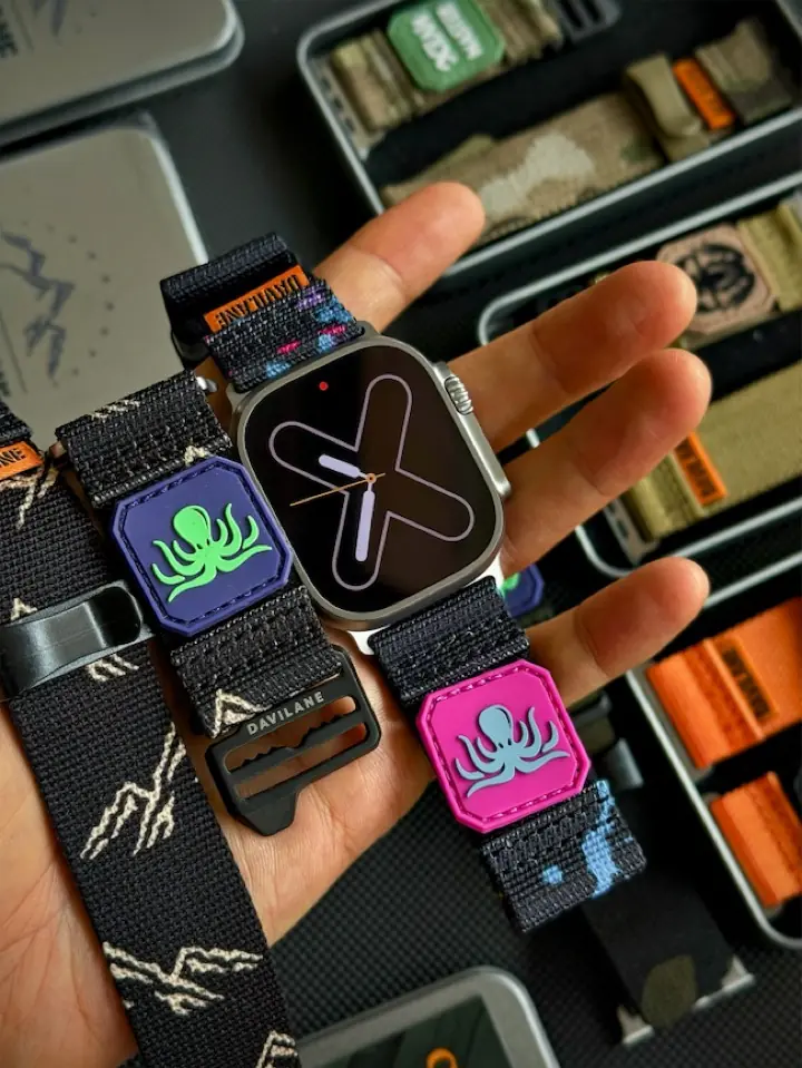 Patch-compatible MOLLE Nylon Apple Watch Ultra strap shown with DIY MOLLE patches sold separately