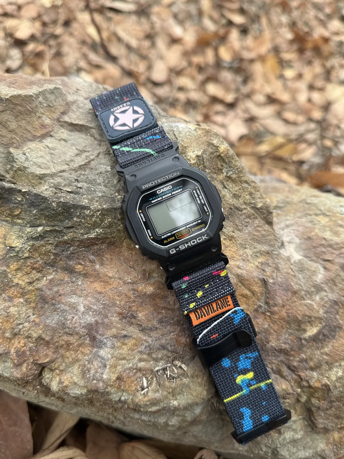 Blue DAVILANE band setup installed on square G-Shock