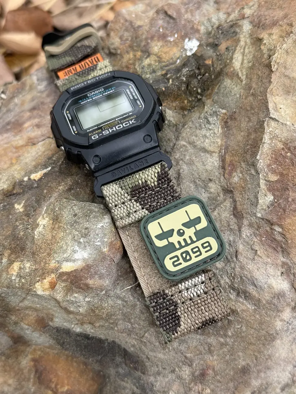 Green DAVILANE patch-ready band installed on G-Shock DW-5600