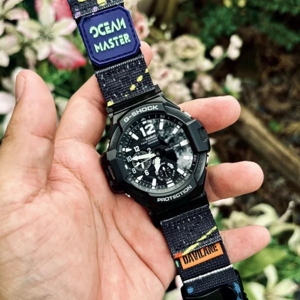 ga1100-dv01-neon-blue-01 Neon Blue DAVILANE MOLLE Nylon watch band installed on G-Shock GA-1000 / GA-1100 Gravity Master