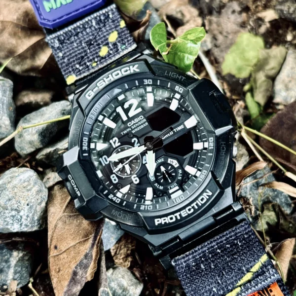 ga1100-dv01-neon-blue-04 Neon Blue DAVILANE MOLLE Nylon watch band installed on G-Shock GA-1000 / GA-1100 Gravity Master