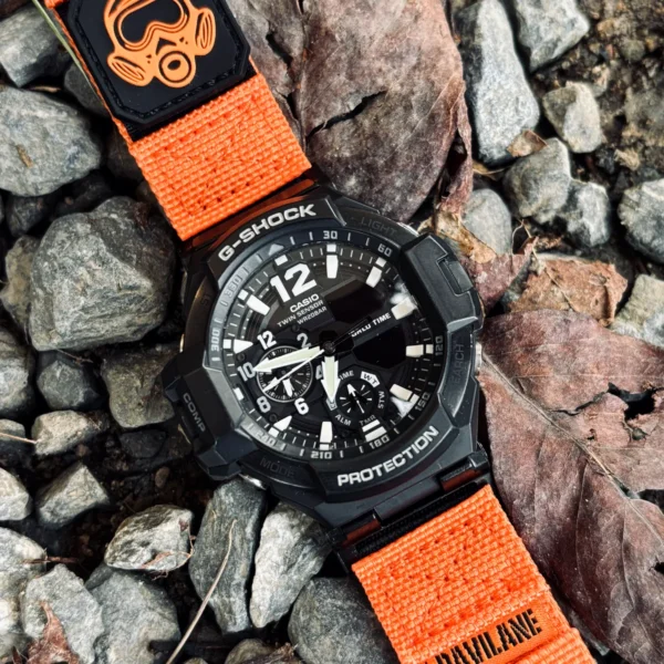 ga1100-dv01-orange-05 Orange DAVILANE MOLLE Nylon watch band installed on G-Shock GA-1000 / GA-1100 Gravity Master