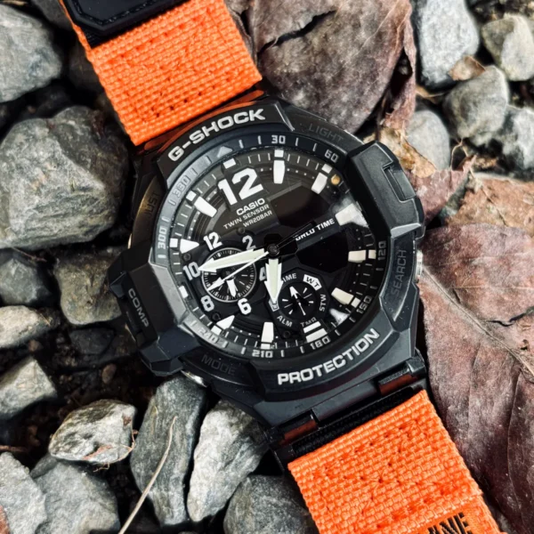 ga1100-dv01-orange-06 Orange DAVILANE MOLLE Nylon watch band installed on G-Shock GA-1000 / GA-1100 Gravity Master