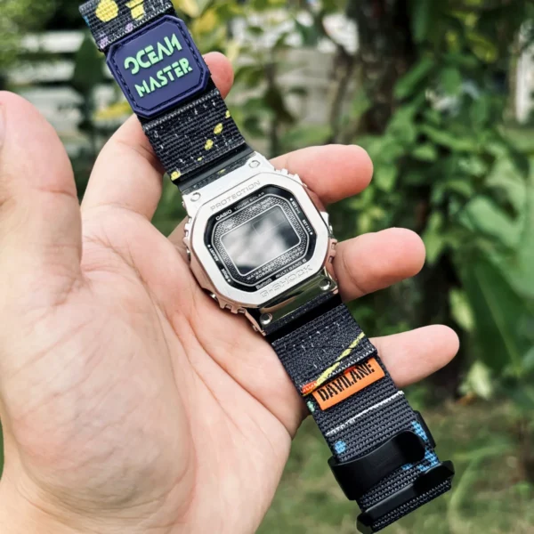 gmw-b5000-dv01-neon-blue-03 Neon Blue DAVILANE MOLLE Nylon watch band installed on G-Shock GMW-B5000
