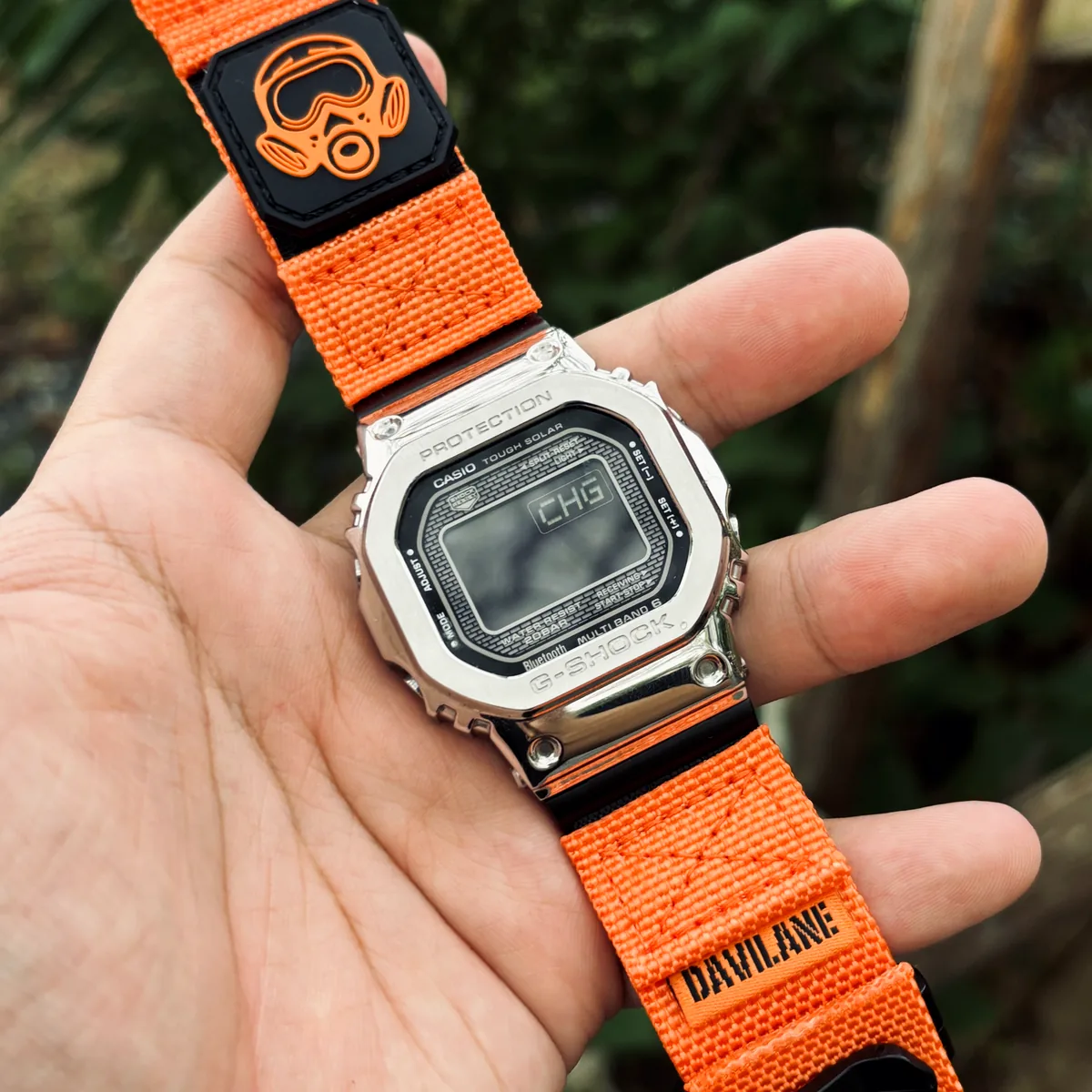 Orange MOLLE Nylon hand-held fit proof on G-Shock GMW-B5000