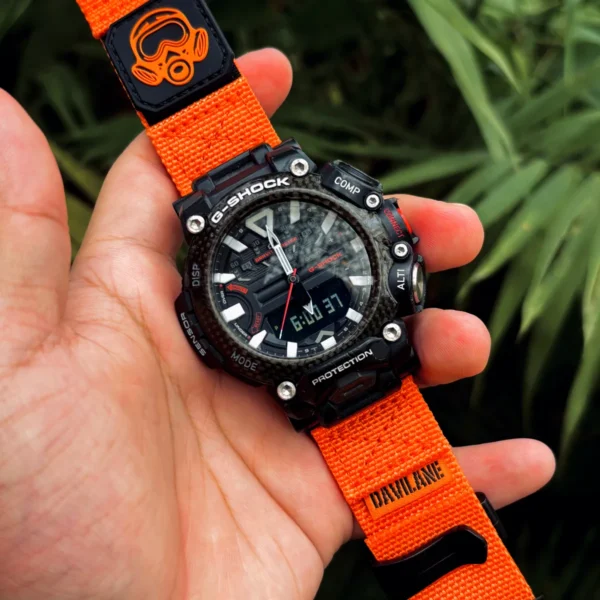 gr-b200-dv01-orange-01 Orange DAVILANE MOLLE Nylon watch band installed on G-Shock GR-B200