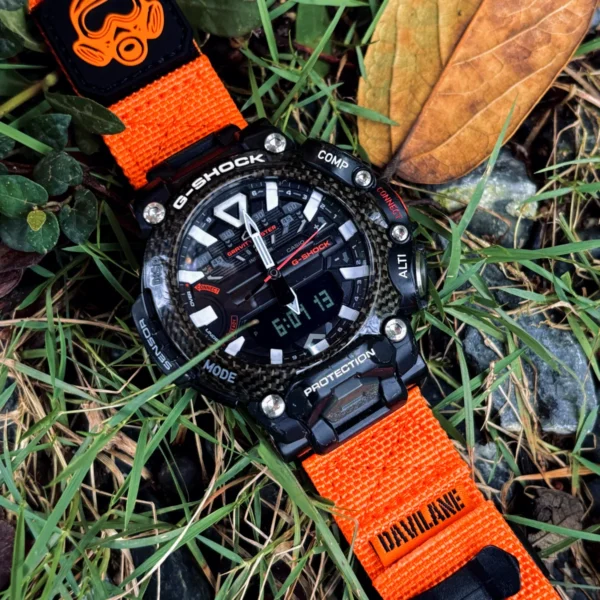 gr-b200-dv01-orange-04 Orange DAVILANE MOLLE Nylon watch band installed on G-Shock GR-B200